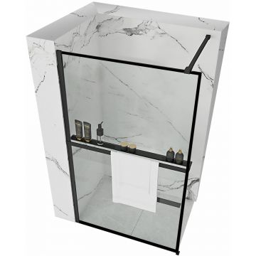 Paravan de duș Rea Bler Evo, tip walk-in, cu suport de prosoape și raft, negru, 120 cm