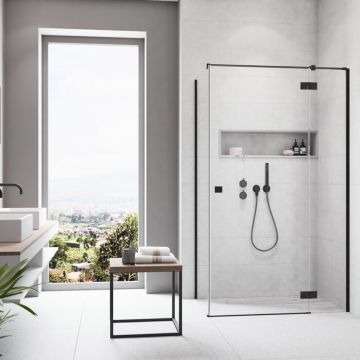 Usa de nisa batanta Radaway Essenza KDJ 100 cm sticla 6 mm finisaj negru mat-transparent deschidere dreapta