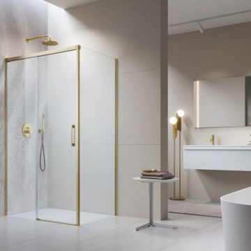 Usa de nisa culisanta Radaway Idea KDJ 150 cm sticla 6 mm auriu periat-transparent deschidere stanga